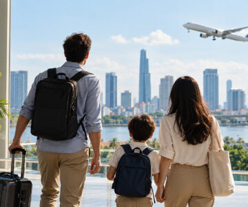 Family Arrival Over Riverside Cityscape