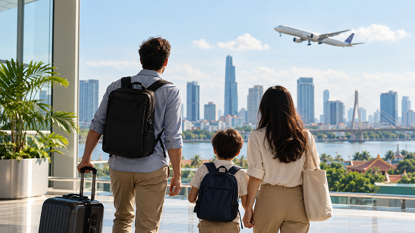Family Arrival Over Riverside Cityscape